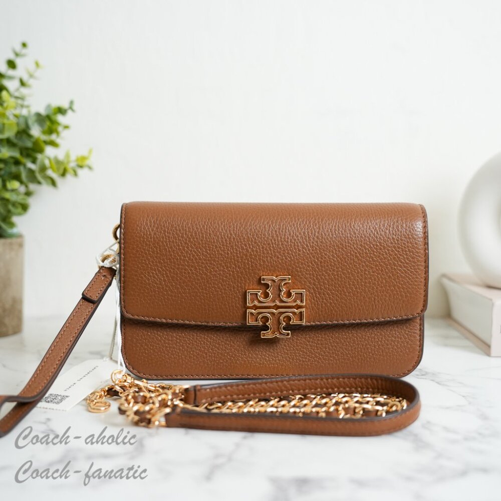 NWT Tory Burch Britten Chain Wallet with Wristlet Leather Crossbody in Moose